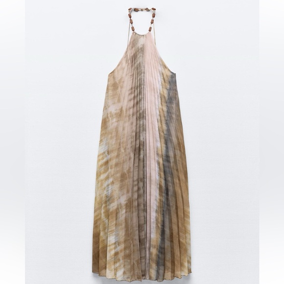 Tie dye halter pleated multicolored midi dress with beaded neck strap - Picture 7 of 11